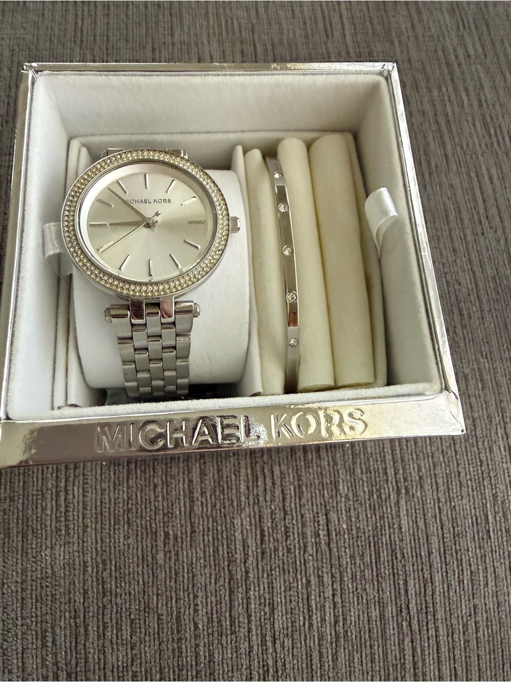 Michael Kors Darci Silver Crystal-Trim Bracelet Watch and Bangle Set in box